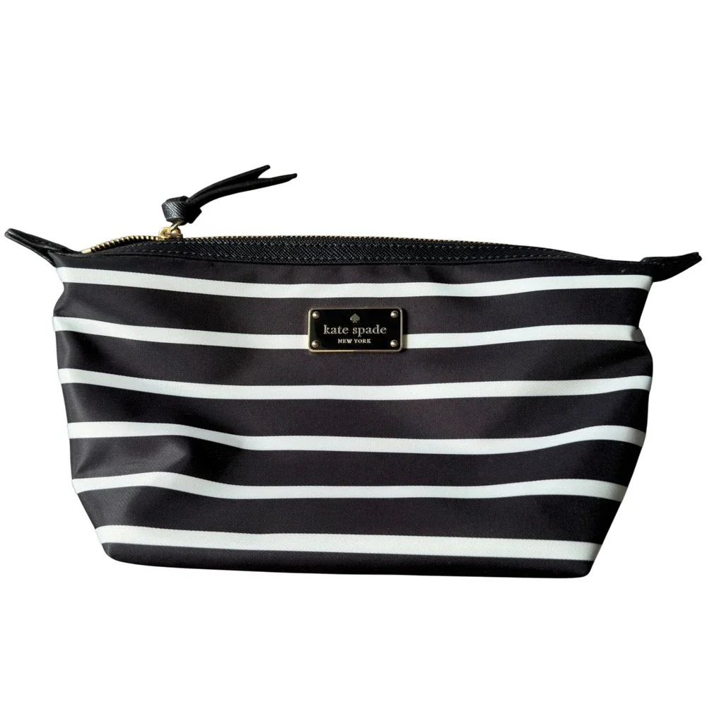 Kate Spade Black White Striped Cosmetic Bag Makeup Pouch Travel Case RN0102760